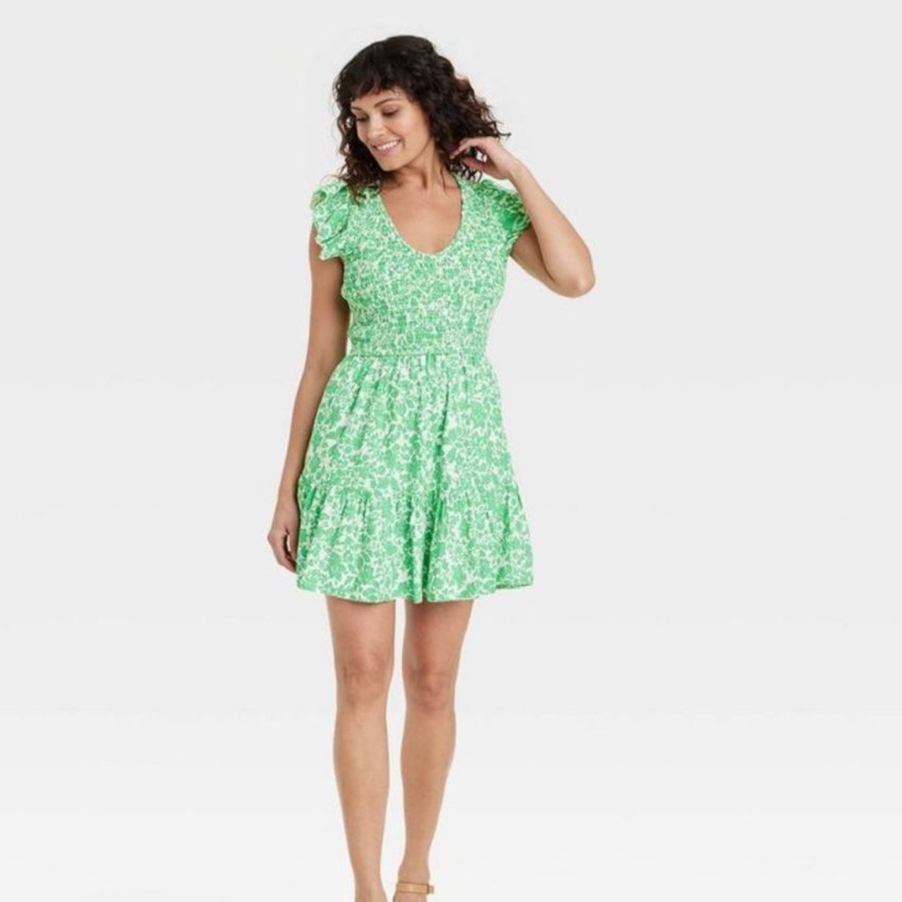 Women's Ruffle Short Sleeve Smocked Dress - Universal Thread Green S